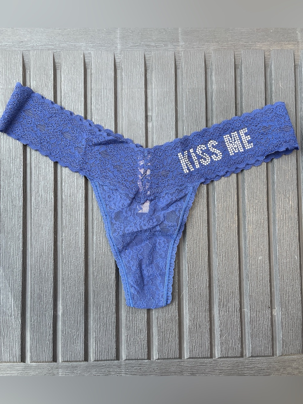 Victoria's Secret Blue Lace Thong with 'KISS ME' Rhinestones